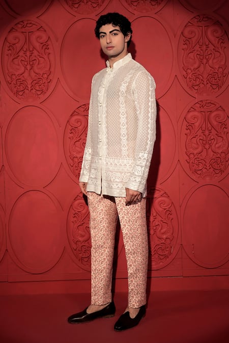 Buy_Jubinav Chadha_Peach Silk Embroidery Paisley Jaal Print Pant _Online_at_Aza_Fashions