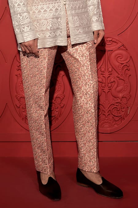 Shop_Jubinav Chadha_Peach Silk Embroidery Paisley Jaal Print Pant _Online_at_Aza_Fashions