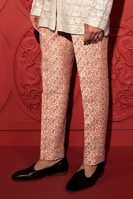 Jubinav Chadha_Peach Silk Embroidery Paisley Jaal Print Pant _at_Aza_Fashions