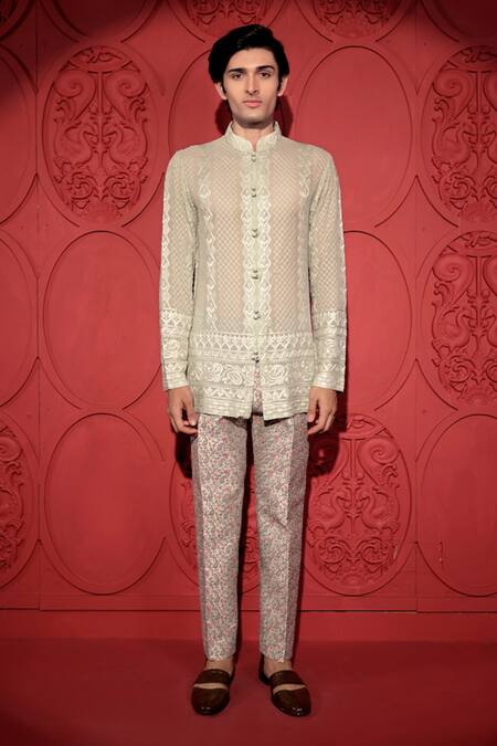 Jubinav Chadha Green Silk Embroidery Floral Paisley Jaal Print Pant Online at Aza Fashions Jubinav Chadha_Green Silk Embroidery Floral Paisley Jaal Print Pant_Online_at_Aza_Fashions