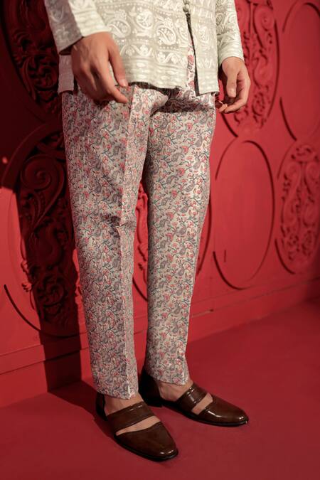 Shop Jubinav Chadha Green Silk Embroidery Floral Paisley Jaal Print Pant Online at Aza Fashions Shop_Jubinav Chadha_Green Silk Embroidery Floral Paisley Jaal Print Pant_Online_at_Aza_Fashions