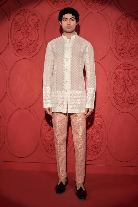 Jubinav Chadha Pink Embroidery Floral Paisley Pattern Print Pant Online at Aza Fashions Jubinav Chadha_Pink Embroidery Floral Paisley Pattern Print Pant_Online_at_Aza_Fashions