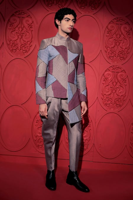 Buy_Jubinav Chadha_Grey Silk, Chanderi Beads Pintuck Embroidered Asymmetric Bandhgala With Pant _Online_at_Aza_Fashions