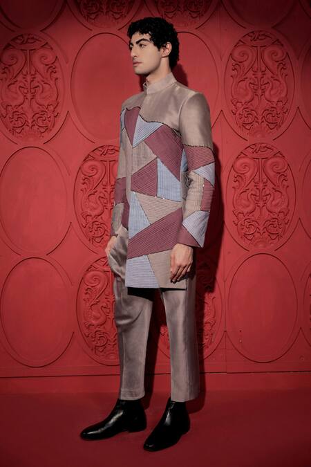 Shop_Jubinav Chadha_Grey Silk, Chanderi Beads Pintuck Embroidered Asymmetric Bandhgala With Pant _Online_at_Aza_Fashions