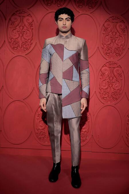 Jubinav Chadha_Grey Silk, Chanderi Beads Pintuck Embroidered Asymmetric Bandhgala With Pant _at_Aza_Fashions