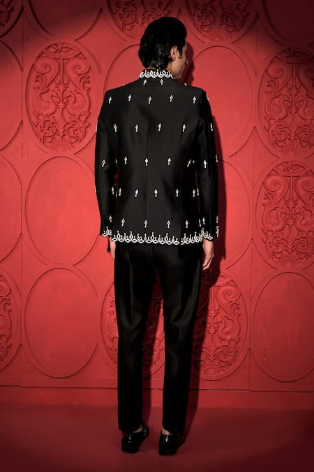 Shop Jubinav Chadha Black Silk, Chanderi Mirrors, Embroidery Bandhgala With Pant at Aza Fashions Shop_Jubinav Chadha_Black Silk, Chanderi Mirrors, Embroidery Bandhgala With Pant _at_Aza_Fashions