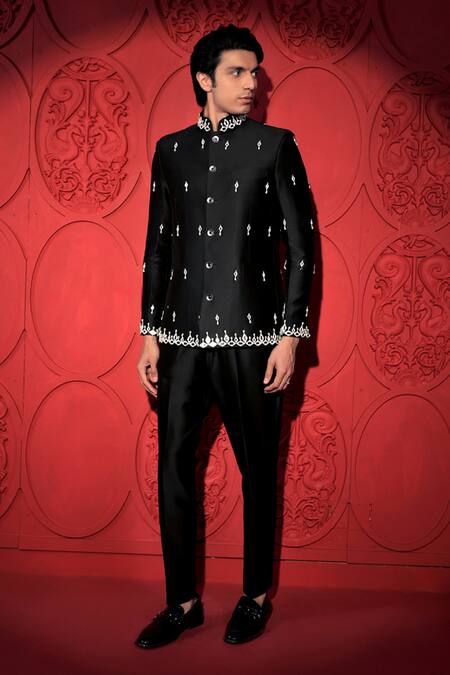 Jubinav Chadha Black Silk, Chanderi Mirrors, Embroidery Bandhgala With Pant Online at Aza Fashions Jubinav Chadha_Black Silk, Chanderi Mirrors, Embroidery Bandhgala With Pant _Online_at_Aza_Fashions