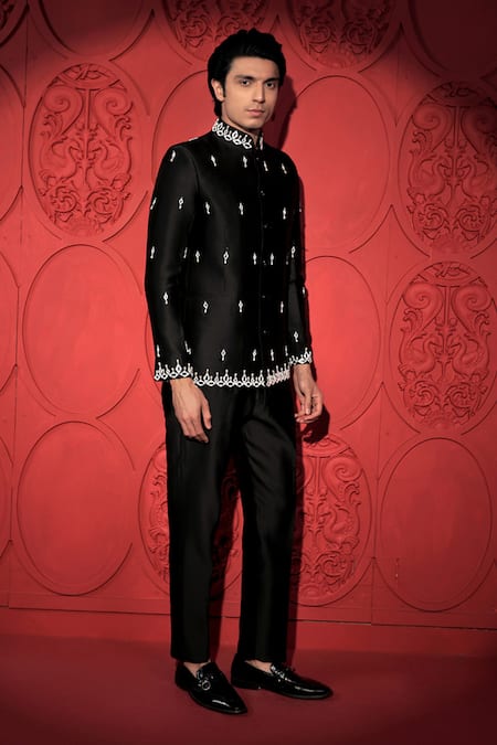 Buy Jubinav Chadha Black Silk, Chanderi Mirrors, Embroidery Bandhgala With Pant Online at Aza Fashions Buy_Jubinav Chadha_Black Silk, Chanderi Mirrors, Embroidery Bandhgala With Pant _Online_at_Aza_Fashions