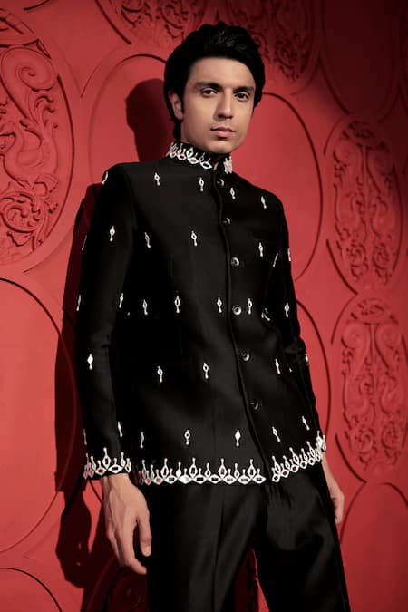 Shop Jubinav Chadha Black Silk, Chanderi Mirrors, Embroidery Bandhgala With Pant Online at Aza Fashions Shop_Jubinav Chadha_Black Silk, Chanderi Mirrors, Embroidery Bandhgala With Pant _Online_at_Aza_Fashions