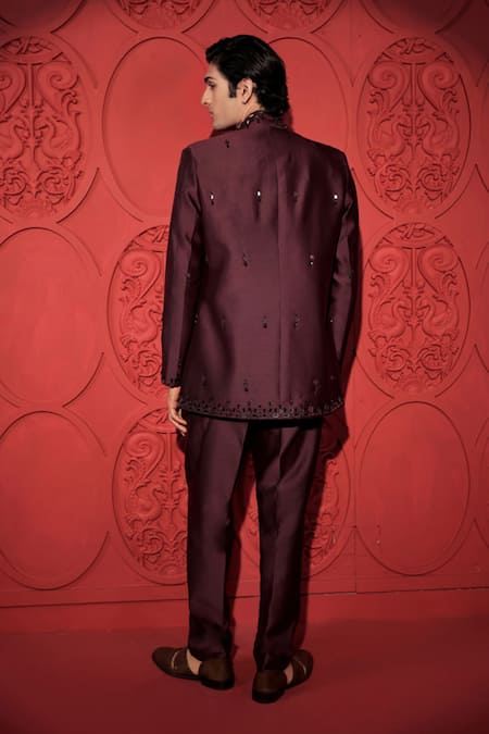 Shop Jubinav Chadha Wine Silk, Chanderi Mirrors, Beads, Embroidery Jacket And Pant Set at Aza Fashions Shop_Jubinav Chadha_Wine Silk, Chanderi Mirrors, Beads, Embroidery Jacket And Pant Set _at_Aza_Fashions