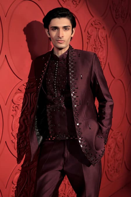 Jubinav Chadha Wine Silk, Chanderi Mirrors, Beads, Embroidery Jacket And Pant Set Online at Aza Fashions Jubinav Chadha_Wine Silk, Chanderi Mirrors, Beads, Embroidery Jacket And Pant Set _Online_at_Aza_Fashions