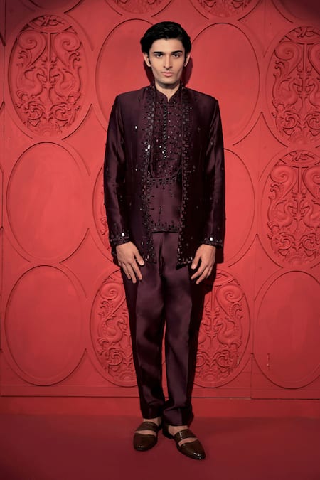 Buy Jubinav Chadha Wine Silk, Chanderi Mirrors, Beads, Embroidery Jacket And Pant Set Online at Aza Fashions Buy_Jubinav Chadha_Wine Silk, Chanderi Mirrors, Beads, Embroidery Jacket And Pant Set _Online_at_Aza_Fashions