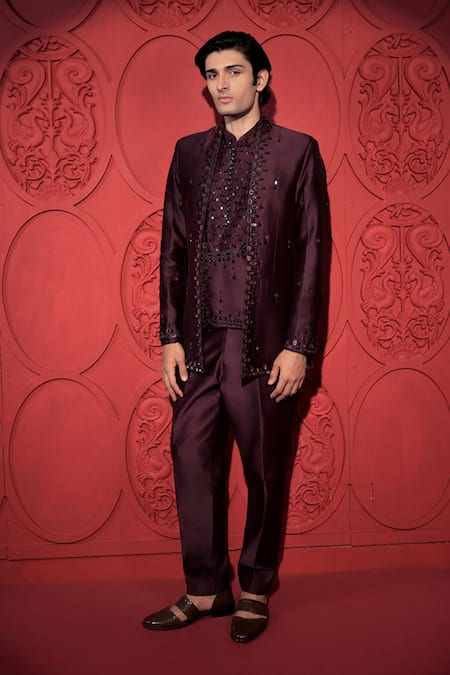 Shop Jubinav Chadha Wine Silk, Chanderi Mirrors, Beads, Embroidery Jacket And Pant Set Online at Aza Fashions Shop_Jubinav Chadha_Wine Silk, Chanderi Mirrors, Beads, Embroidery Jacket And Pant Set _Online_at_Aza_Fashions