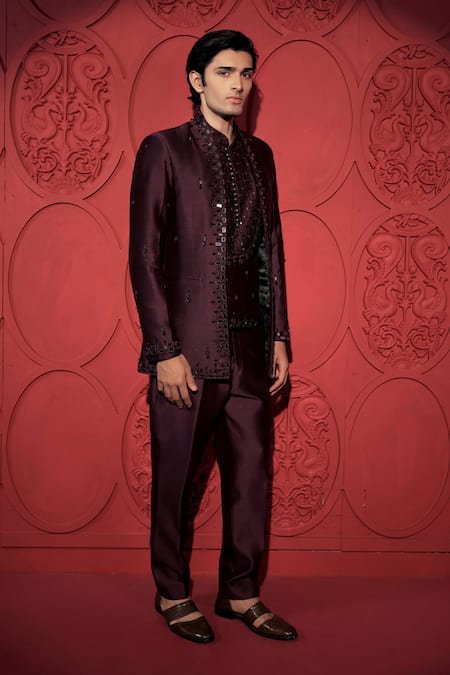 Jubinav Chadha Wine Silk, Chanderi Mirrors, Beads, Embroidery Jacket And Pant Set at Aza Fashions Jubinav Chadha_Wine Silk, Chanderi Mirrors, Beads, Embroidery Jacket And Pant Set _at_Aza_Fashions