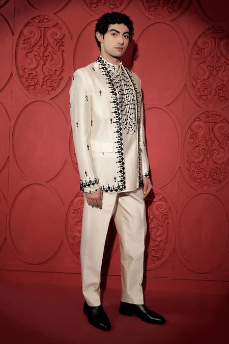 Jubinav Chadha_White Silk, Chanderi Embroidery, Beads, Mirrors Thread Jacket And Pant Set _Online_at_Aza_Fashions