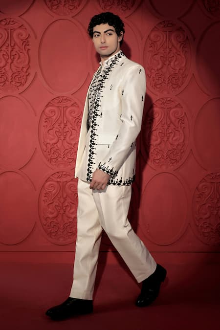 Buy_Jubinav Chadha_White Silk, Chanderi Embroidery, Beads, Mirrors Thread Jacket And Pant Set _Online_at_Aza_Fashions
