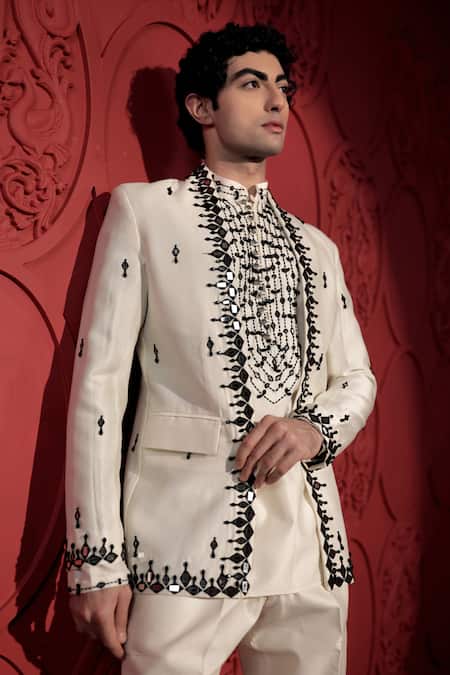 Shop_Jubinav Chadha_White Silk, Chanderi Embroidery, Beads, Mirrors Thread Jacket And Pant Set _Online_at_Aza_Fashions