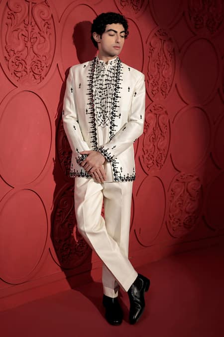 Jubinav Chadha_White Silk, Chanderi Embroidery, Beads, Mirrors Thread Jacket And Pant Set _at_Aza_Fashions