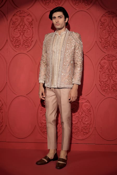 Jubinav Chadha Rose Gold Silk Chanderi Embroidery Floral Pearl Jacket And Pant Set 