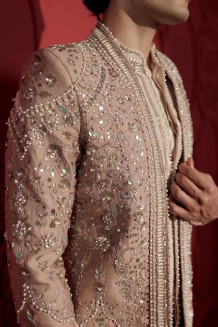 Jubinav Chadha_Rose Gold Silk, Chanderi Pearls, Embroidery Jacket And Pant Set _Online_at_Aza_Fashions