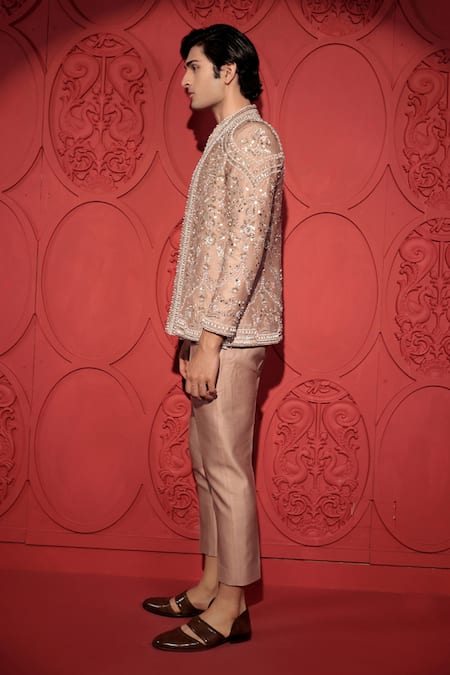 Buy_Jubinav Chadha_Rose Gold Silk, Chanderi Pearls, Embroidery Jacket And Pant Set _Online_at_Aza_Fashions