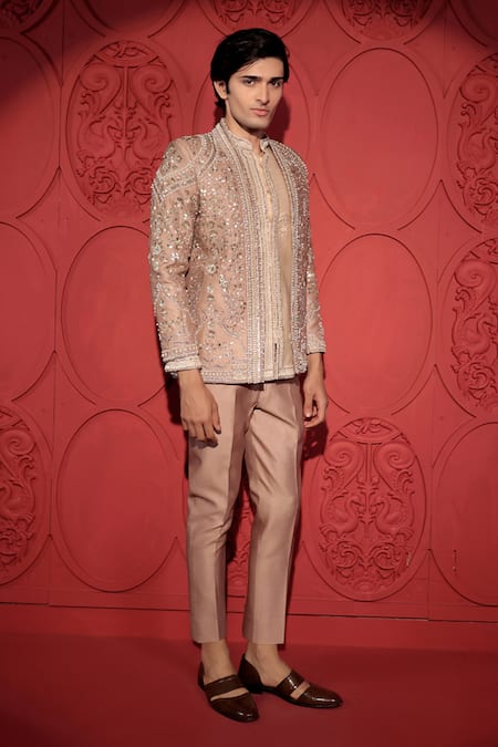 Shop_Jubinav Chadha_Rose Gold Silk, Chanderi Pearls, Embroidery Jacket And Pant Set _Online_at_Aza_Fashions