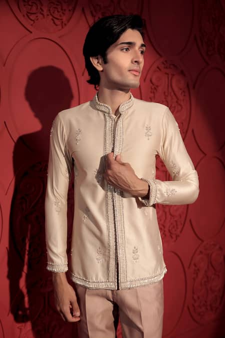 Jubinav Chadha_Rose Gold Silk, Chanderi Pearls, Embroidery Jacket And Pant Set _at_Aza_Fashions