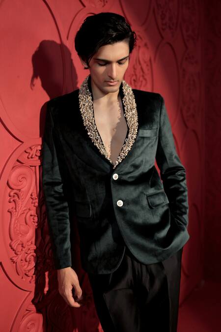 Shop_Jubinav Chadha_Green Velvet, Polyester Embroidery Shells Shawl Collar Blazer With Pant _Online_at_Aza_Fashions