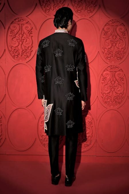 Shop Jubinav Chadha Black Chanderi Pearls, Sequins Lotus Embroidered Kurta With Pant at Aza Fashions Shop_Jubinav Chadha_Black Chanderi Pearls, Sequins Lotus Embroidered Kurta With Pant _at_Aza_Fashions