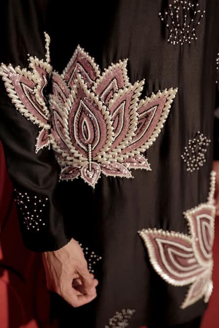Jubinav Chadha Black Chanderi Pearls, Sequins Lotus Embroidered Kurta With Pant Online at Aza Fashions Jubinav Chadha_Black Chanderi Pearls, Sequins Lotus Embroidered Kurta With Pant _Online_at_Aza_Fashions