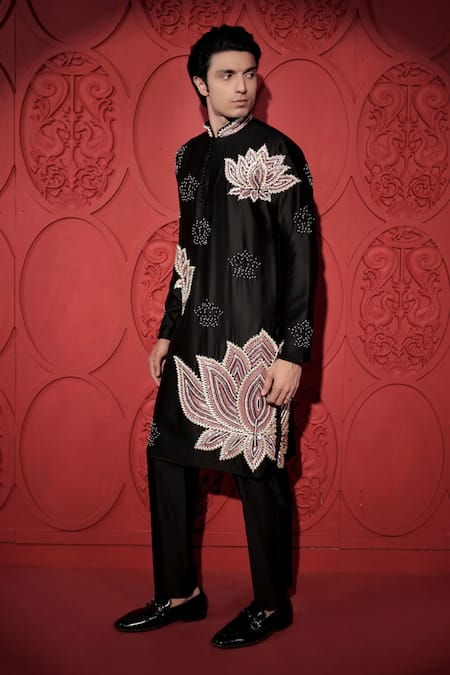 Buy Jubinav Chadha Black Chanderi Pearls, Sequins Lotus Embroidered Kurta With Pant Online at Aza Fashions Buy_Jubinav Chadha_Black Chanderi Pearls, Sequins Lotus Embroidered Kurta With Pant _Online_at_Aza_Fashions