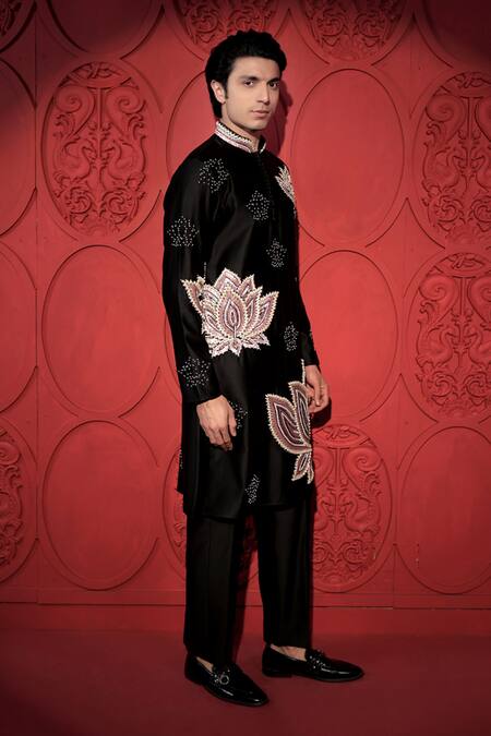 Shop Jubinav Chadha Black Chanderi Pearls, Sequins Lotus Embroidered Kurta With Pant Online at Aza Fashions Shop_Jubinav Chadha_Black Chanderi Pearls, Sequins Lotus Embroidered Kurta With Pant _Online_at_Aza_Fashions