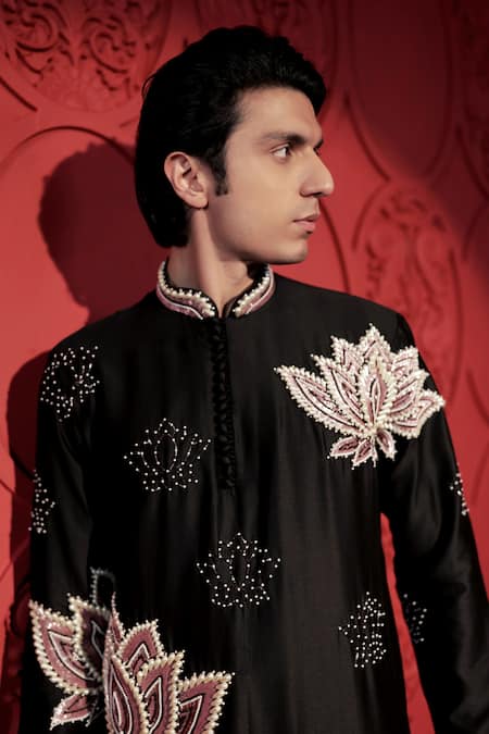 Buy Jubinav Chadha Black Chanderi Pearls, Sequins Lotus Embroidered Kurta With Pant Buy_Jubinav Chadha_Black Chanderi Pearls, Sequins Lotus Embroidered Kurta With Pant