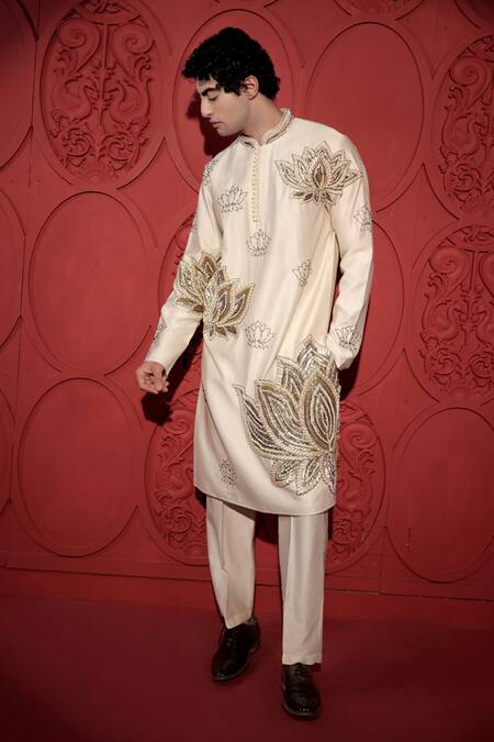 Jubinav Chadha_White Chanderi Pearls, Sequins Lotus Embroidered Kurta With Pant _Online_at_Aza_Fashions