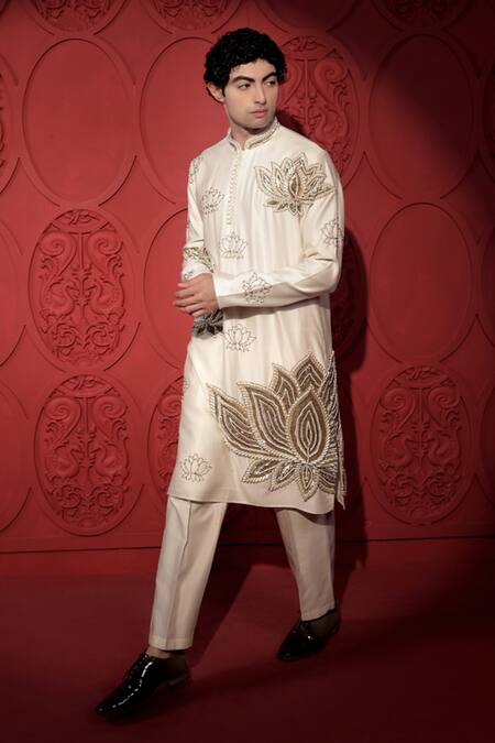 Buy_Jubinav Chadha_White Chanderi Pearls, Sequins Lotus Embroidered Kurta With Pant _Online_at_Aza_Fashions