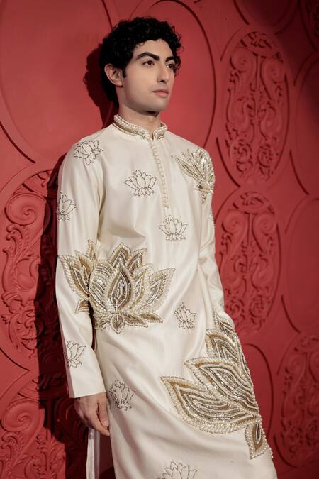 Shop_Jubinav Chadha_White Chanderi Pearls, Sequins Lotus Embroidered Kurta With Pant _Online_at_Aza_Fashions