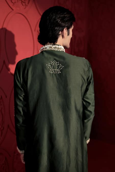 Jubinav Chadha Green Chanderi Sequins, Pearls Lotus Embroidered Kurta With Pant at Aza Fashions Jubinav Chadha_Green Chanderi Sequins, Pearls Lotus Embroidered Kurta With Pant _at_Aza_Fashions