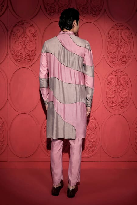 Shop Jubinav Chadha Pink Kota Doria, Silk Beads Embroidered Color Block Kurta With Pant at Aza Fashions Shop_Jubinav Chadha_Pink Kota Doria, Silk Beads Embroidered Color Block Kurta With Pant _at_Aza_Fashions