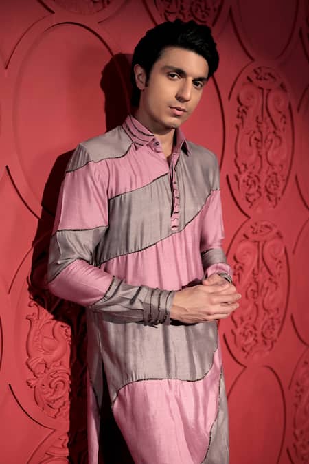 Jubinav Chadha Pink Kota Doria, Silk Beads Embroidered Color Block Kurta With Pant Online at Aza Fashions Jubinav Chadha_Pink Kota Doria, Silk Beads Embroidered Color Block Kurta With Pant _Online_at_Aza_Fashions