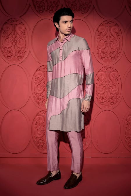 Shop Jubinav Chadha Pink Kota Doria, Silk Beads Embroidered Color Block Kurta With Pant Online at Aza Fashions Shop_Jubinav Chadha_Pink Kota Doria, Silk Beads Embroidered Color Block Kurta With Pant _Online_at_Aza_Fashions