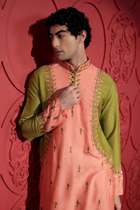Jubinav Chadha_Green Kota Doria, Silk Sequins, Embroidery Resham Color Block Kurta With Pant _Online_at_Aza_Fashions
