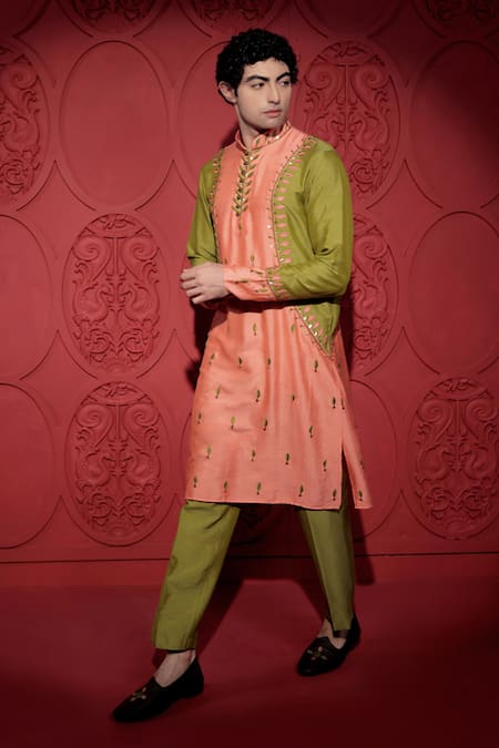 Buy_Jubinav Chadha_Green Kota Doria, Silk Sequins, Embroidery Resham Color Block Kurta With Pant _Online_at_Aza_Fashions