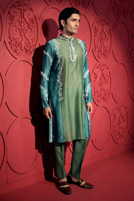 Jubinav Chadha Blue Silk Chanderi Embroidery Floral Resham Color Block Kurta With Pant 