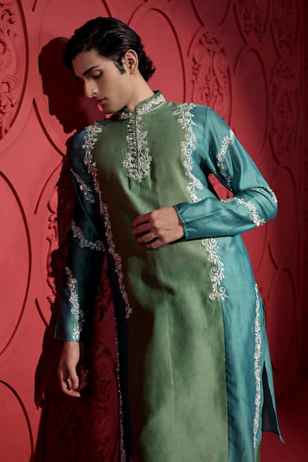 Jubinav Chadha_Blue Silk, Chanderi Floral Resham Embroidered Color Block Kurta With Pant _Online_at_Aza_Fashions
