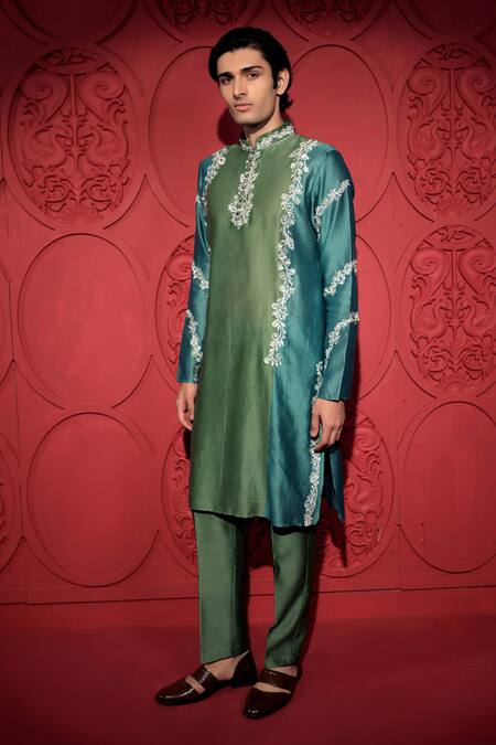 Buy_Jubinav Chadha_Blue Silk, Chanderi Floral Resham Embroidered Color Block Kurta With Pant _Online_at_Aza_Fashions