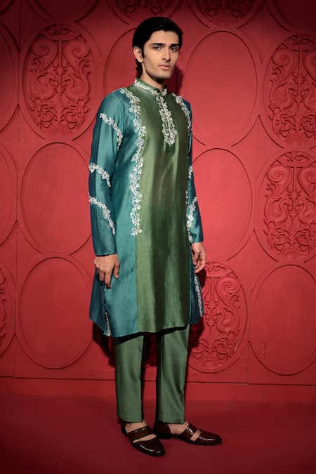 Shop_Jubinav Chadha_Blue Silk, Chanderi Floral Resham Embroidered Color Block Kurta With Pant _Online_at_Aza_Fashions