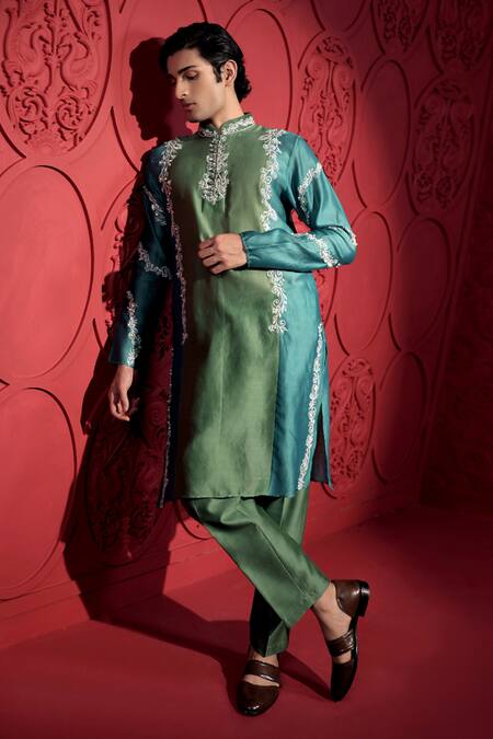 Jubinav Chadha_Blue Silk, Chanderi Floral Resham Embroidered Color Block Kurta With Pant _at_Aza_Fashions