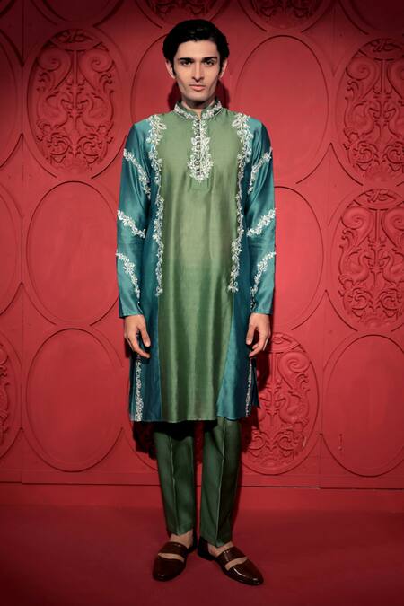 Buy_Jubinav Chadha_Blue Silk, Chanderi Floral Resham Embroidered Color Block Kurta With Pant 