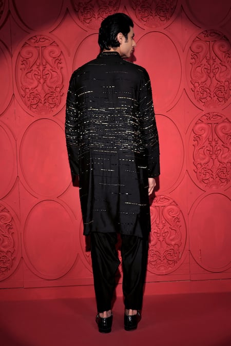 Shop Jubinav Chadha Black Kota Doria Sequins, Beads Embroidered Woven Kurta With Salwar Pant at Aza Fashions Shop_Jubinav Chadha_Black Kota Doria Sequins, Beads Embroidered Woven Kurta With Salwar Pant _at_Aza_Fashions