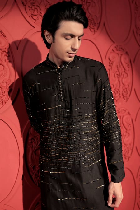Jubinav Chadha Black Kota Doria Sequins, Beads Embroidered Woven Kurta With Salwar Pant Online at Aza Fashions Jubinav Chadha_Black Kota Doria Sequins, Beads Embroidered Woven Kurta With Salwar Pant _Online_at_Aza_Fashions